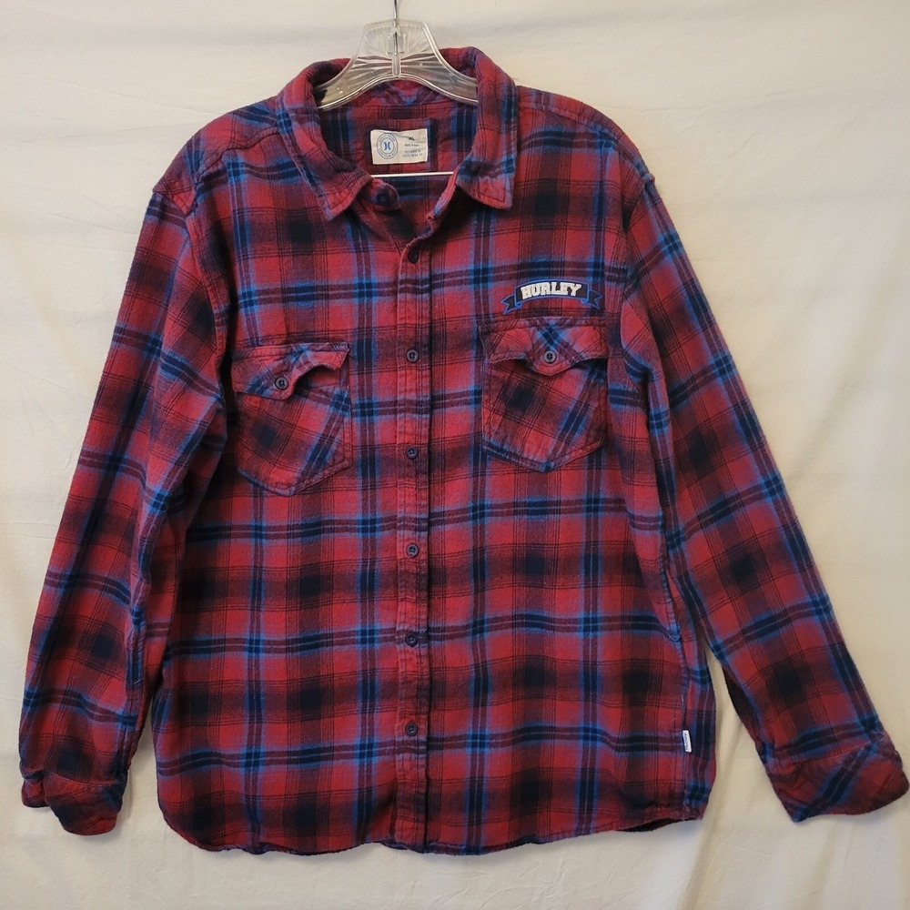 Hurley Flannel Shirt XL Red Blue Plaid Long Sleeve Button Up Western Pockets